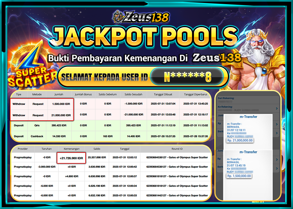 ZEUS138 GATES OF OLYMPUS SUPER SCATTER Rp.22.500.000,- LUNAS